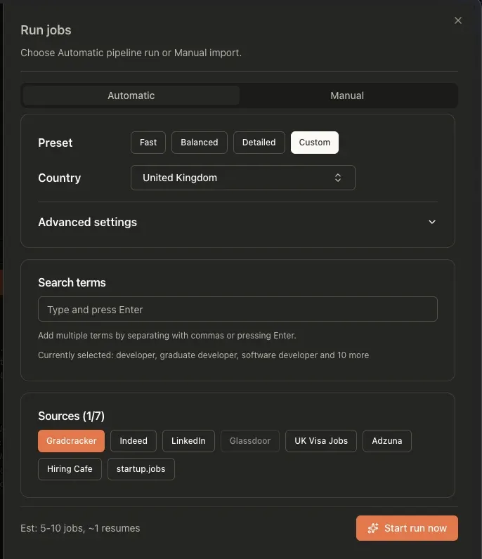 The JobOps Run jobs modal with Gradcracker selected among the job sources