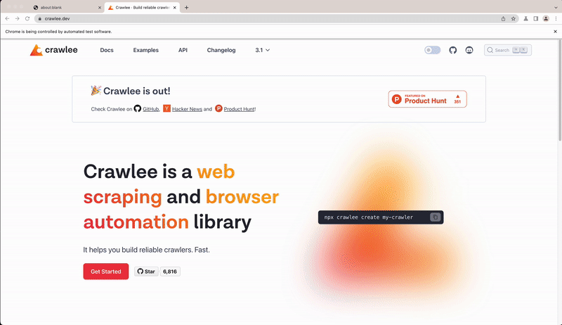 An image showing off Crawlee scraping the Crawlee website using Puppeteer/Playwright and Chromium